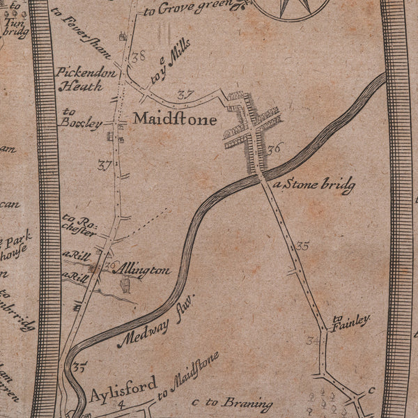 Antique Road Map, London to Hythe, Kent, English, Cartography, John Ogilby, 1675