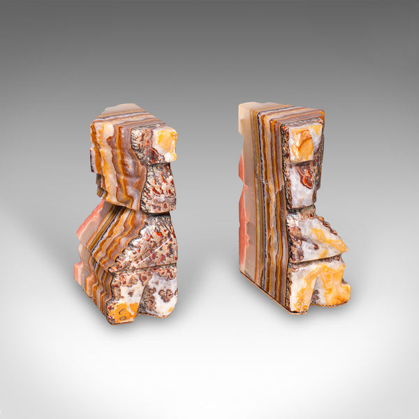Pair Of Vintage Aztec Figure Bookends, Banded Agate, Book Rest, Art Deco, C.1930