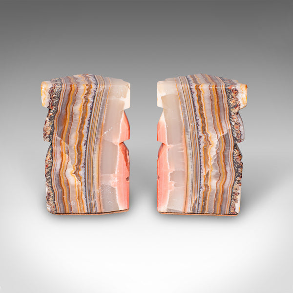 Pair Of Vintage Aztec Figure Bookends, Banded Agate, Book Rest, Art Deco, C.1930