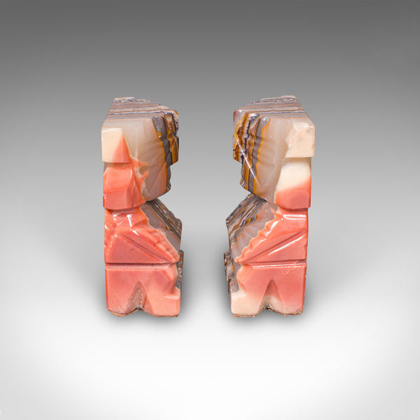 Pair Of Vintage Aztec Figure Bookends, Banded Agate, Book Rest, Art Deco, C.1930