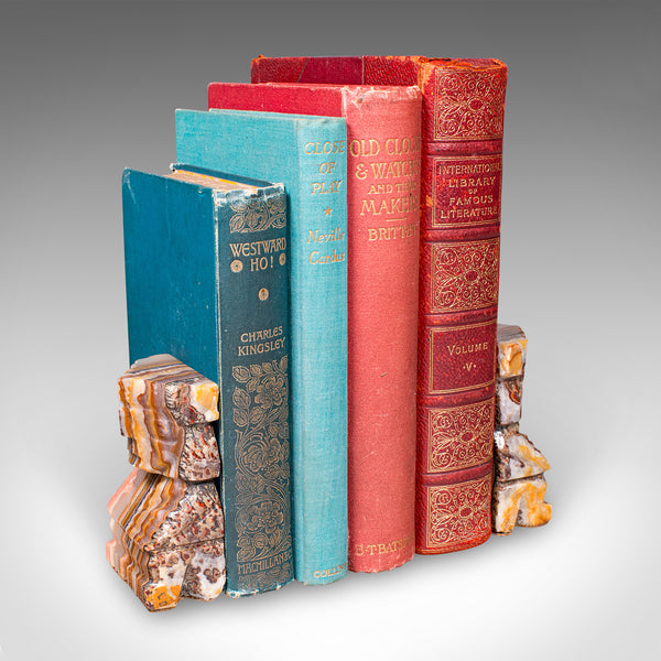 Pair Of Vintage Aztec Figure Bookends, Banded Agate, Book Rest, Art Deco, C.1930