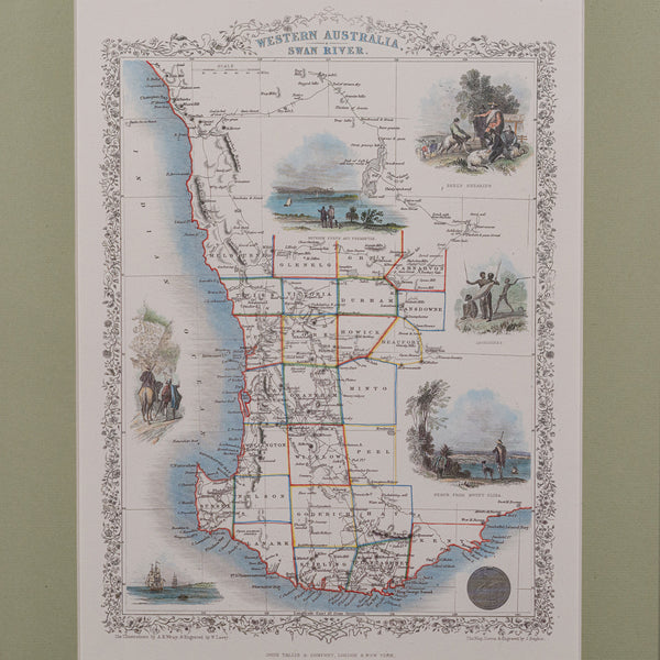 Vintage Western Australia Map, Framed Print, Swan River, John Tallis Cartography