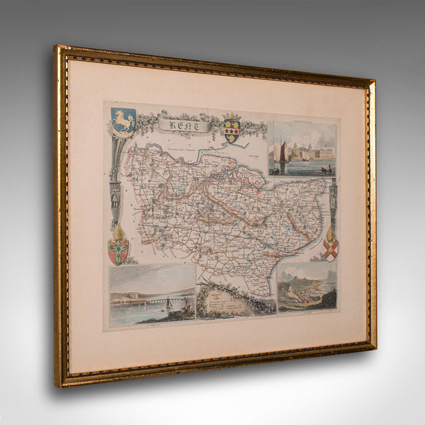 Vintage County Map, Kent, History 19th Century Cartography, After Thomas Moule