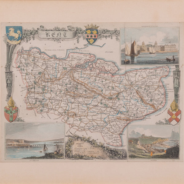 Vintage County Map, Kent, History 19th Century Cartography, After Thomas Moule