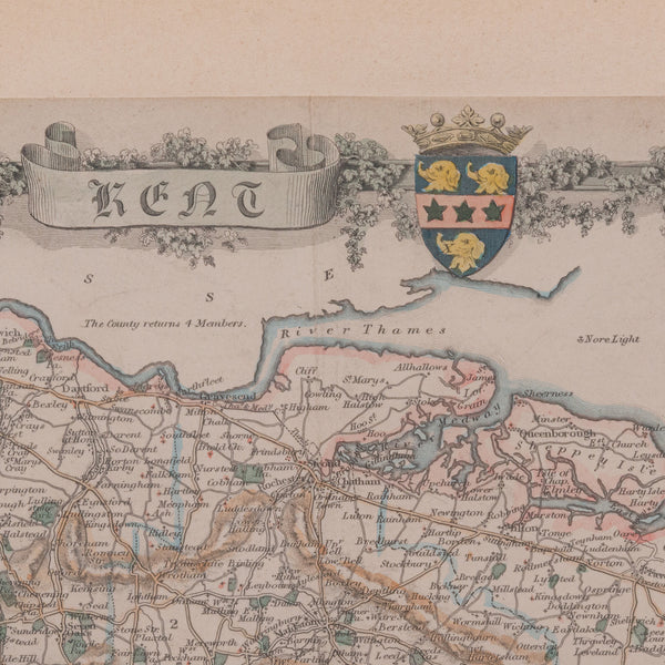 Vintage County Map, Kent, History 19th Century Cartography, After Thomas Moule