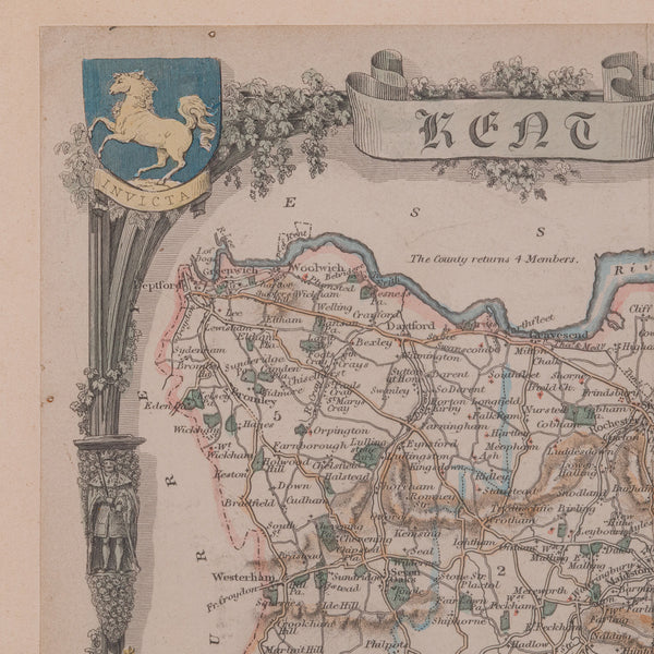 Vintage County Map, Kent, History 19th Century Cartography, After Thomas Moule