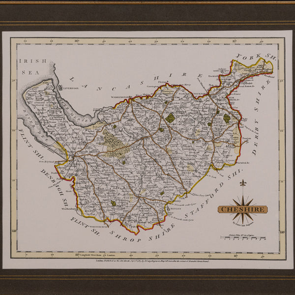 Vintage County Map of Cheshire, English, After John Cary, Cartography Interest