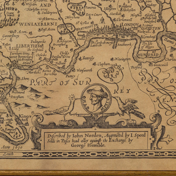 Vintage County Map, Middlesex, English, Framed 16th Century Print, John Norden