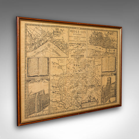 Vintage County Map, Middlesex, English, Framed 16th Century Print, John Norden