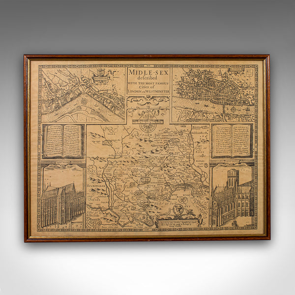 Vintage County Map, Middlesex, English, Framed 16th Century Print, John Norden