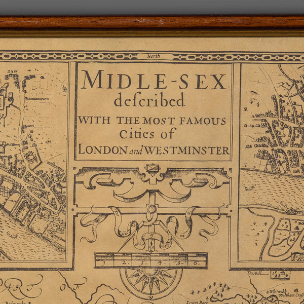 Vintage County Map, Middlesex, English, Framed 16th Century Print, John Norden