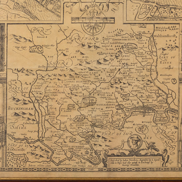 Vintage County Map, Middlesex, English, Framed 16th Century Print, John Norden