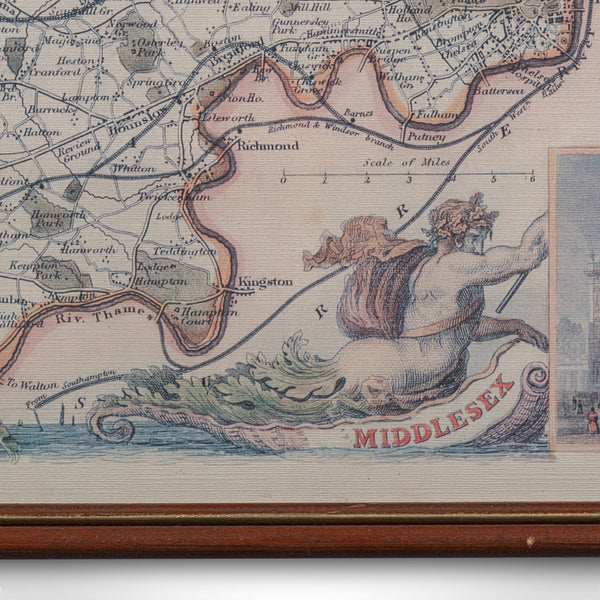 Vintage Middlesex County Map, English, Framed, After Thomas Moule, Cartography