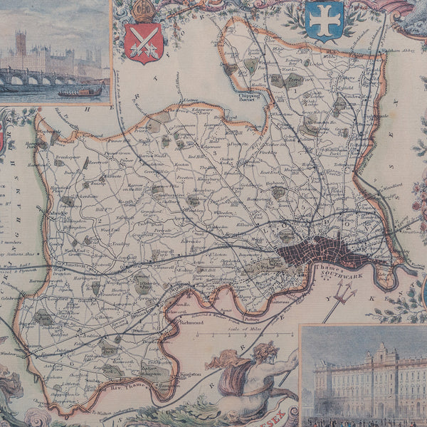 Vintage Middlesex County Map, English, Framed, After Thomas Moule, Cartography