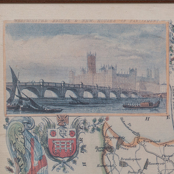 Vintage Middlesex County Map, English, Framed, After Thomas Moule, Cartography