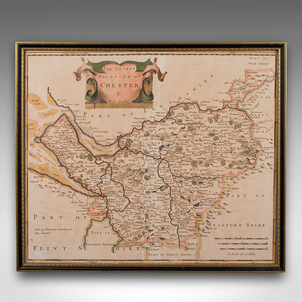 Antique County Map, Cheshire, English, Framed Cartography, Robert Morden, 18th.C