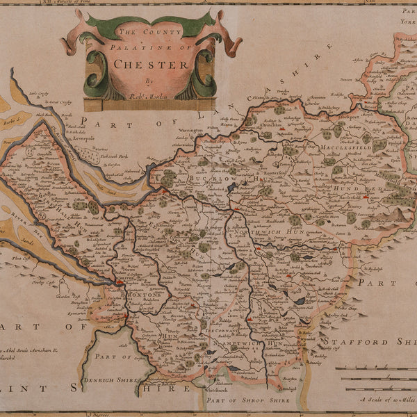 Antique County Map, Cheshire, English, Framed Cartography, Robert Morden, 18th.C