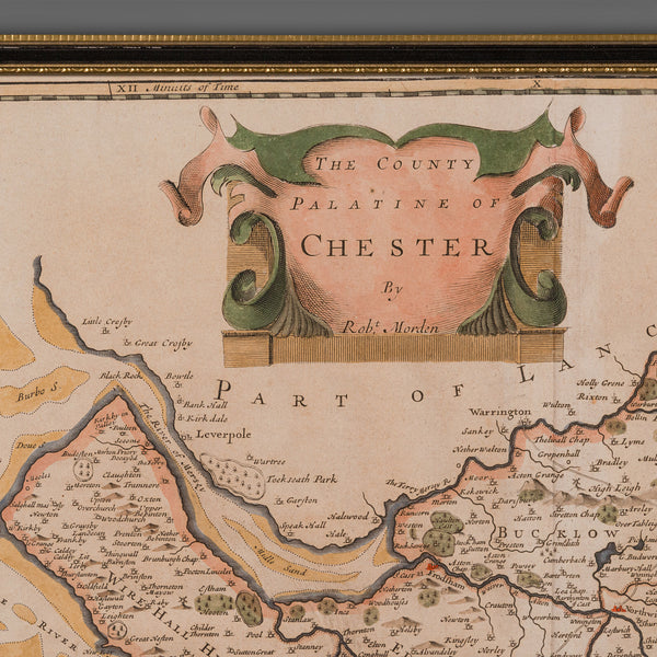 Antique County Map, Cheshire, English, Framed Cartography, Robert Morden, 18th.C