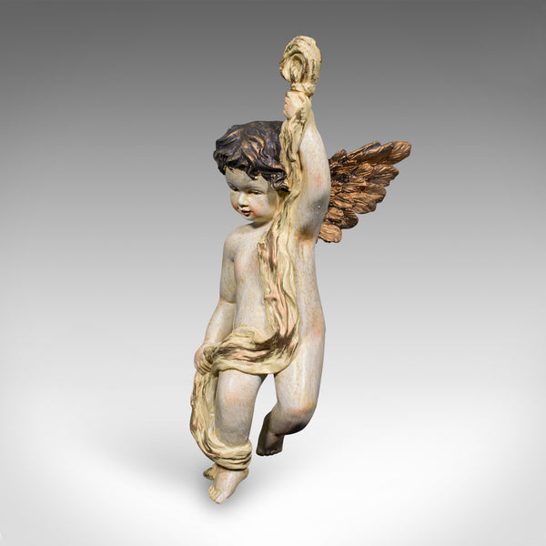 Vintage Flying Cherub, Italian, Plaster, Classical, Romantic, Putto Figure, 1980