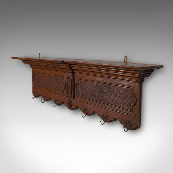 6 Hook Antique Reception Hall Coat Rack, English Oak, Cloakroom Valet, Edwardian
