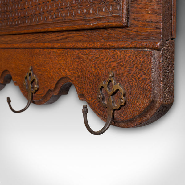 6 Hook Antique Reception Hall Coat Rack, English Oak, Cloakroom Valet, Edwardian