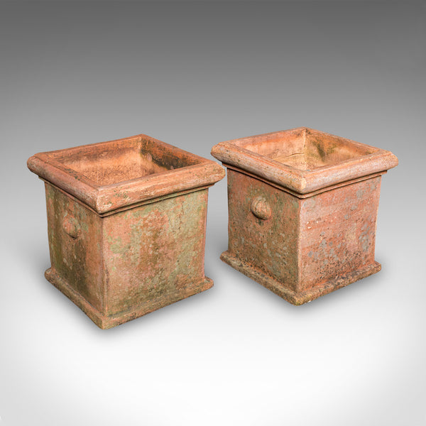 Pair of Vintage Square Planters, English, Terracotta, Patio Topiary Jardinieres