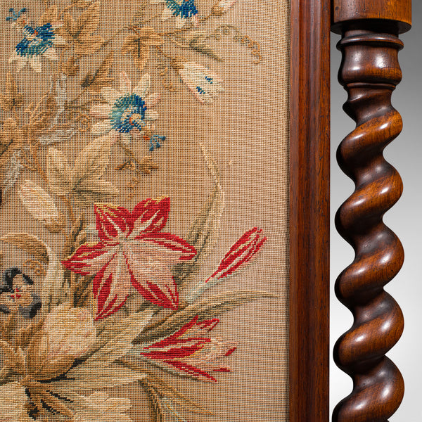 Antique Embroidered Fire Screen, English, Walnut, Needlepoint, Early Victorian