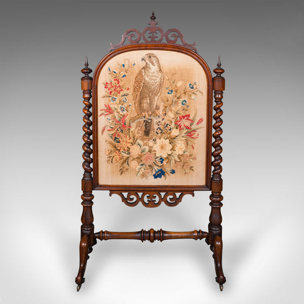 Antique Embroidered Fire Screen, English, Walnut, Needlepoint, Early Victorian
