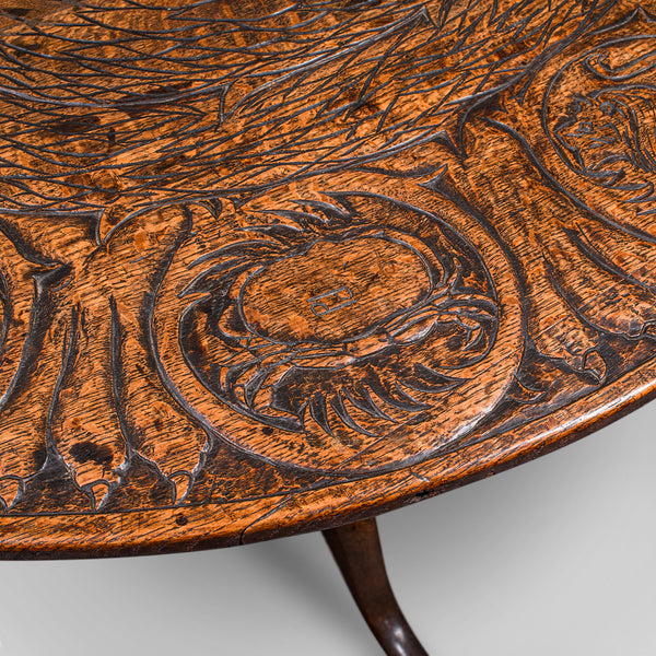 Antique Tarot Parlour Table, English, Oak, Zodiac Carving, Victorian, Circa 1870