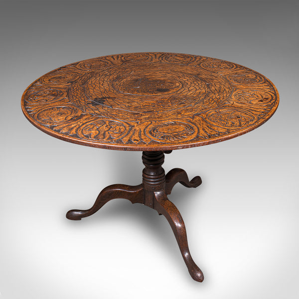 Antique Tarot Parlour Table, English, Oak, Zodiac Carving, Victorian, Circa 1870