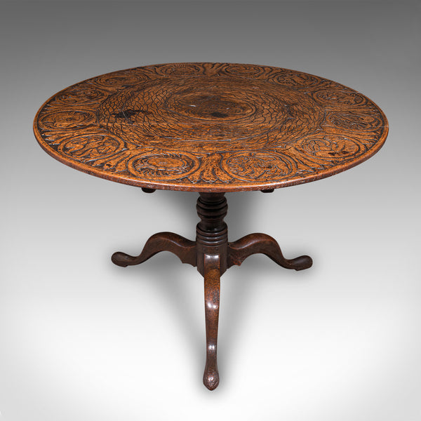 Antique Tarot Parlour Table, English, Oak, Zodiac Carving, Victorian, Circa 1870