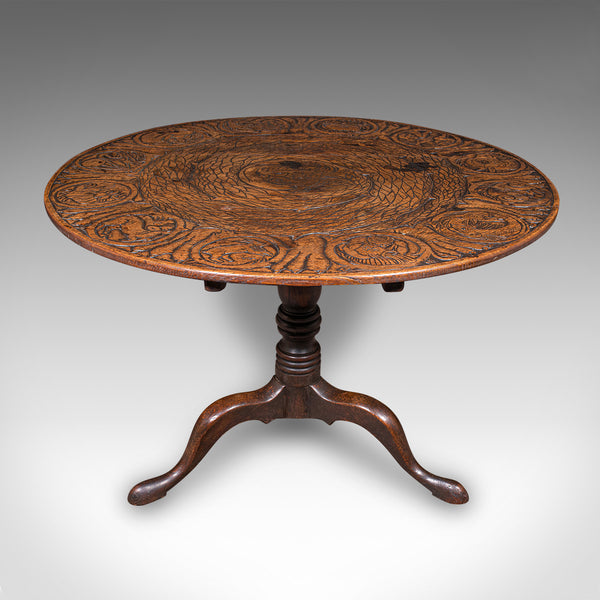 Antique Tarot Parlour Table, English, Oak, Zodiac Carving, Victorian, Circa 1870