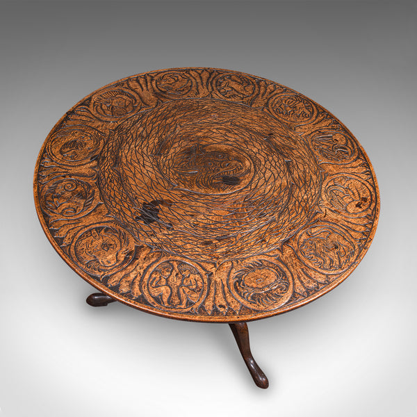 Antique Tarot Parlour Table, English, Oak, Zodiac Carving, Victorian, Circa 1870