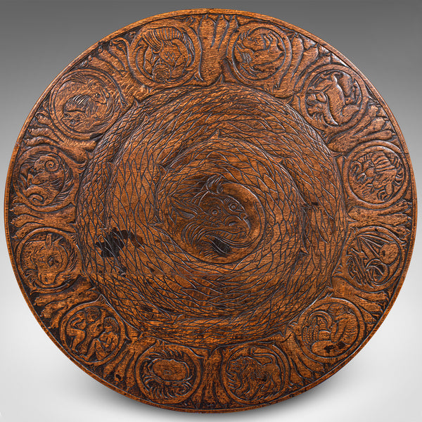 Antique Tarot Parlour Table, English, Oak, Zodiac Carving, Victorian, Circa 1870