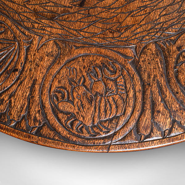 Antique Tarot Parlour Table, English, Oak, Zodiac Carving, Victorian, Circa 1870