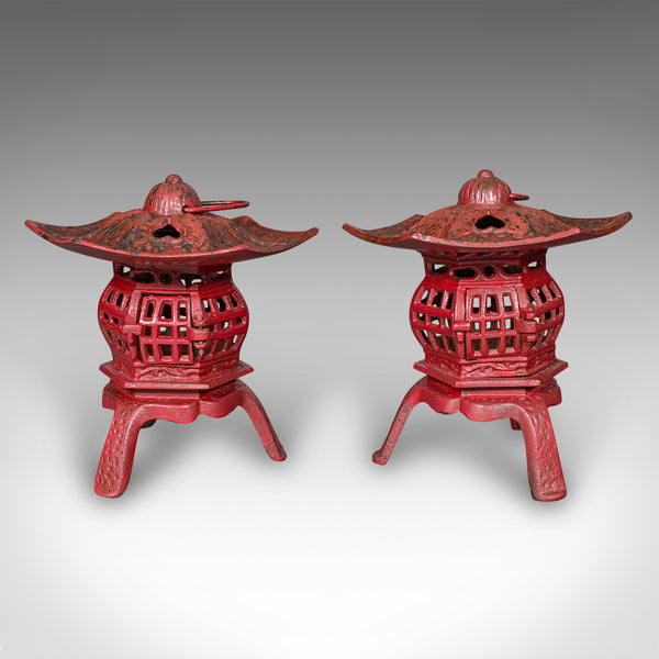 Pair of Vintage Pagoda Lanterns, Japanese, Cast Iron Tea Light Holders, Art Deco