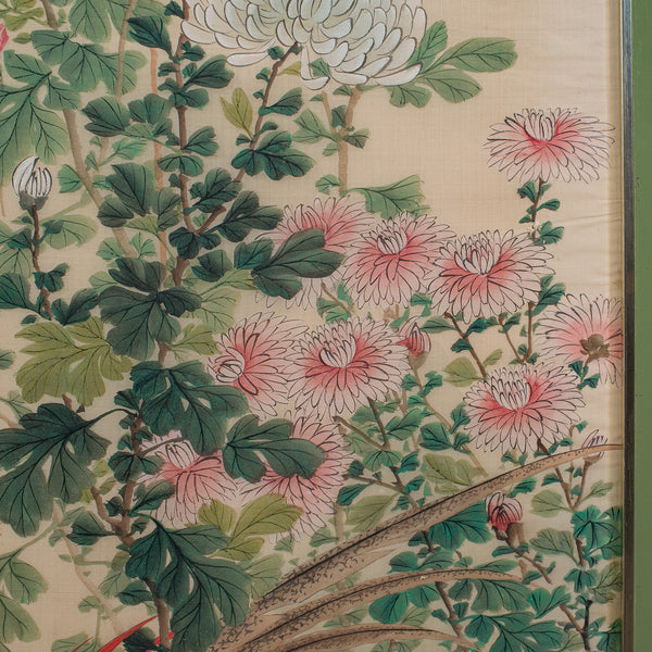 4' Tall Vintage Wall Panel, Oriental, Watercolour on Silk, Framed Art, Art Deco