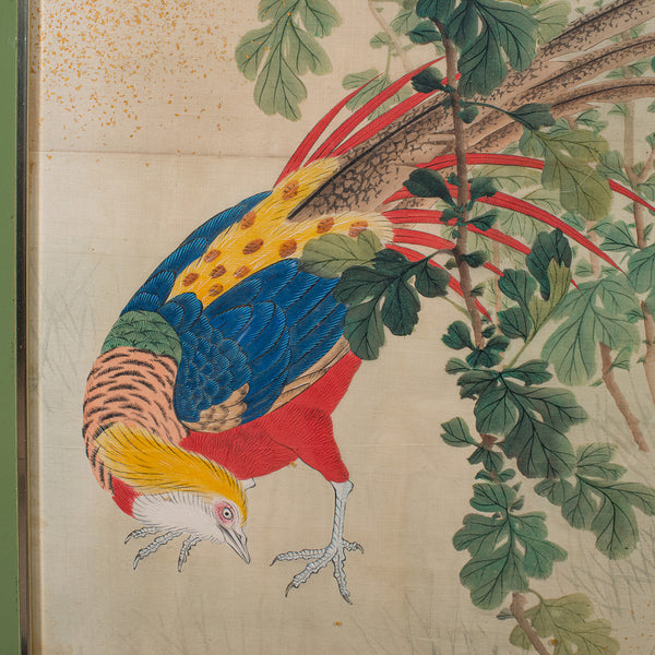 4' Tall Vintage Wall Panel, Oriental, Watercolour on Silk, Framed Art, Art Deco