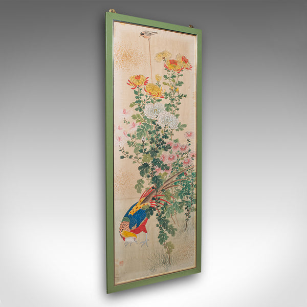 4' Tall Vintage Wall Panel, Oriental, Watercolour on Silk, Framed Art, Art Deco