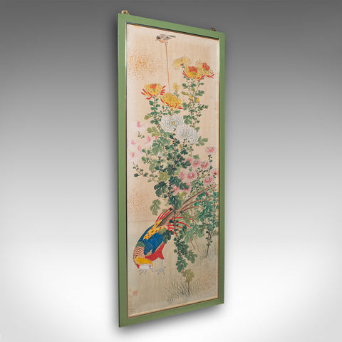 4' Tall Vintage Wall Panel, Oriental, Watercolour on Silk, Framed Art, Art Deco