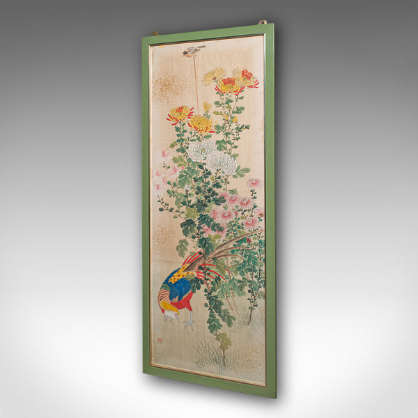 4' Tall Vintage Wall Panel, Oriental, Watercolour on Silk, Framed Art, Art Deco