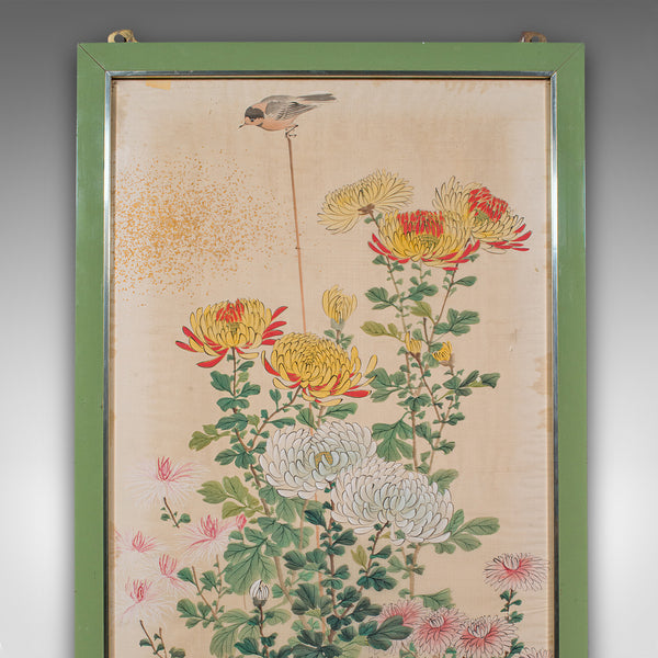 4' Tall Vintage Wall Panel, Oriental, Watercolour on Silk, Framed Art, Art Deco