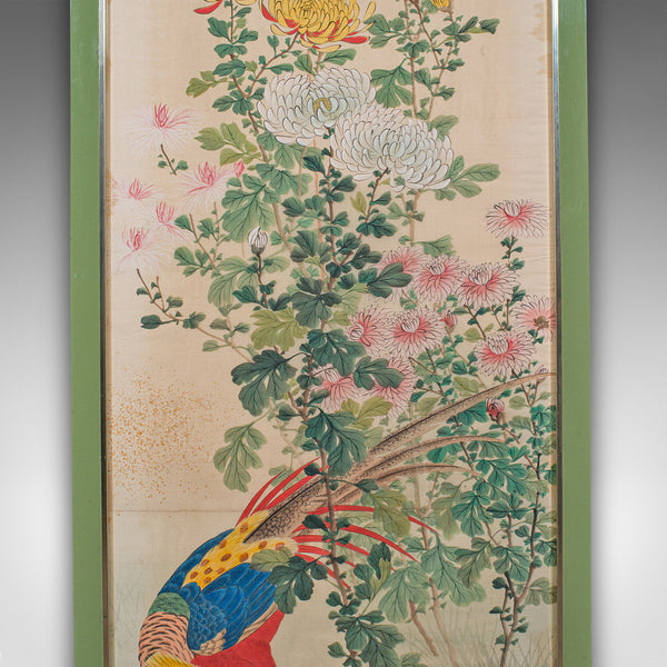 4' Tall Vintage Wall Panel, Oriental, Watercolour on Silk, Framed Art, Art Deco