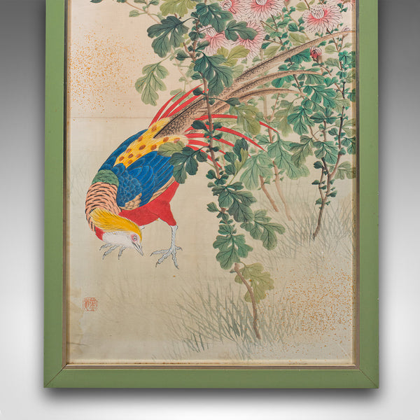 4' Tall Vintage Wall Panel, Oriental, Watercolour on Silk, Framed Art, Art Deco