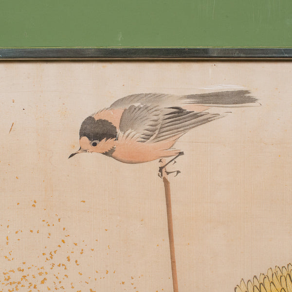 4' Tall Vintage Wall Panel, Oriental, Watercolour on Silk, Framed Art, Art Deco