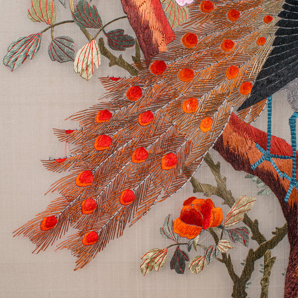 Tall Pair of Vintage Bird Embroideries, Oriental, Framed, Wildlife Art, C.1980