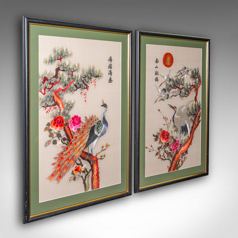 Tall Pair of Vintage Bird Embroideries, Oriental, Framed, Wildlife Art, C.1980