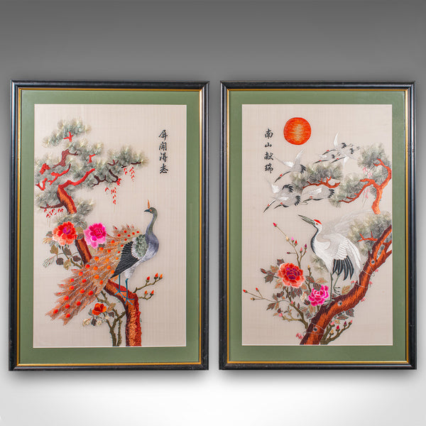 Tall Pair of Vintage Bird Embroideries, Oriental, Framed, Wildlife Art, C.1980