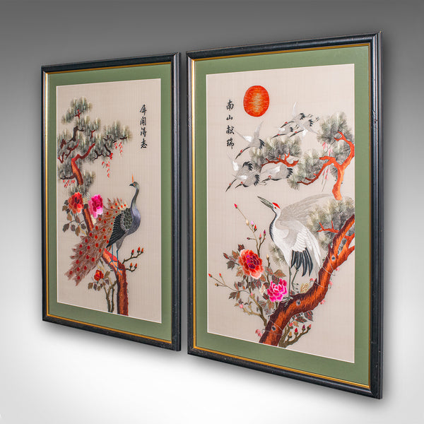 Tall Pair of Vintage Bird Embroideries, Oriental, Framed, Wildlife Art, C.1980