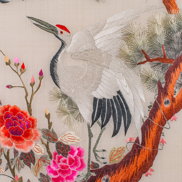 Tall Pair of Vintage Bird Embroideries, Oriental, Framed, Wildlife Art, C.1980
